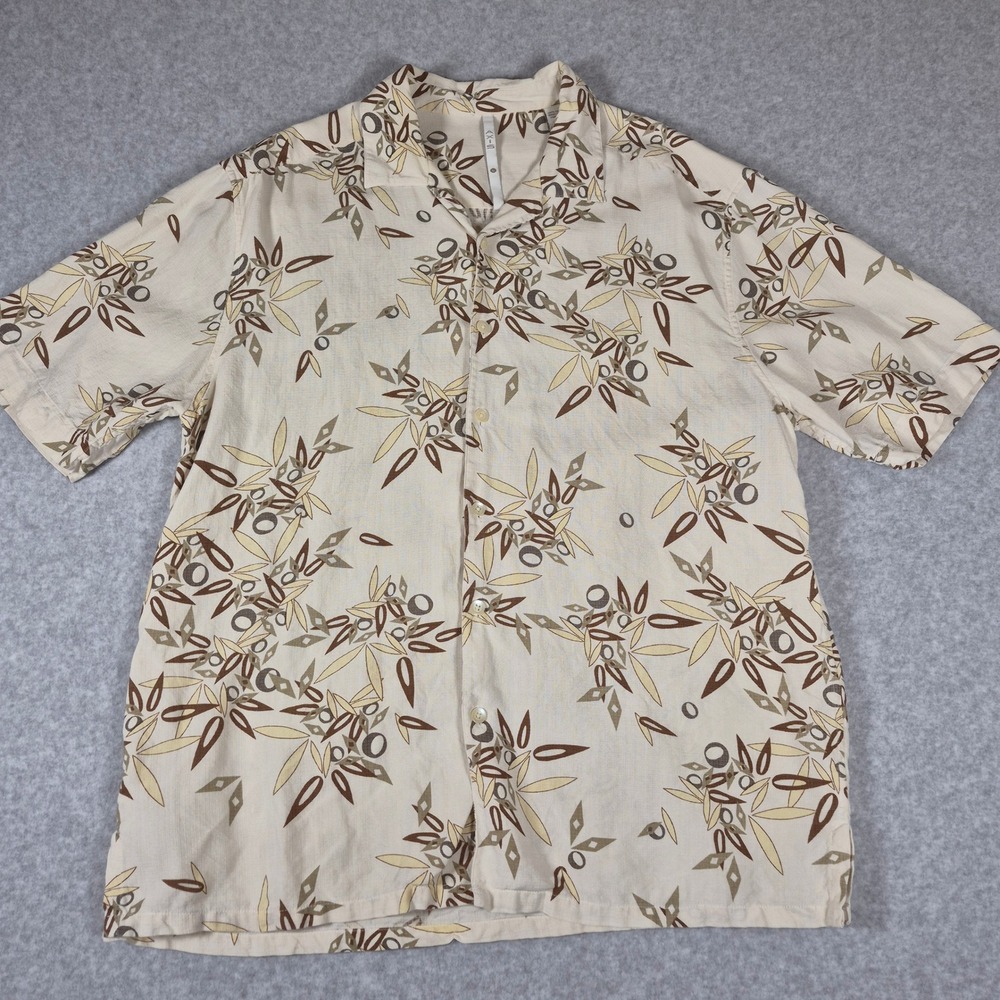 Axis Button Up Shirt Mens Large Beige Silk Abstract Leaf Print Short Sleeve
